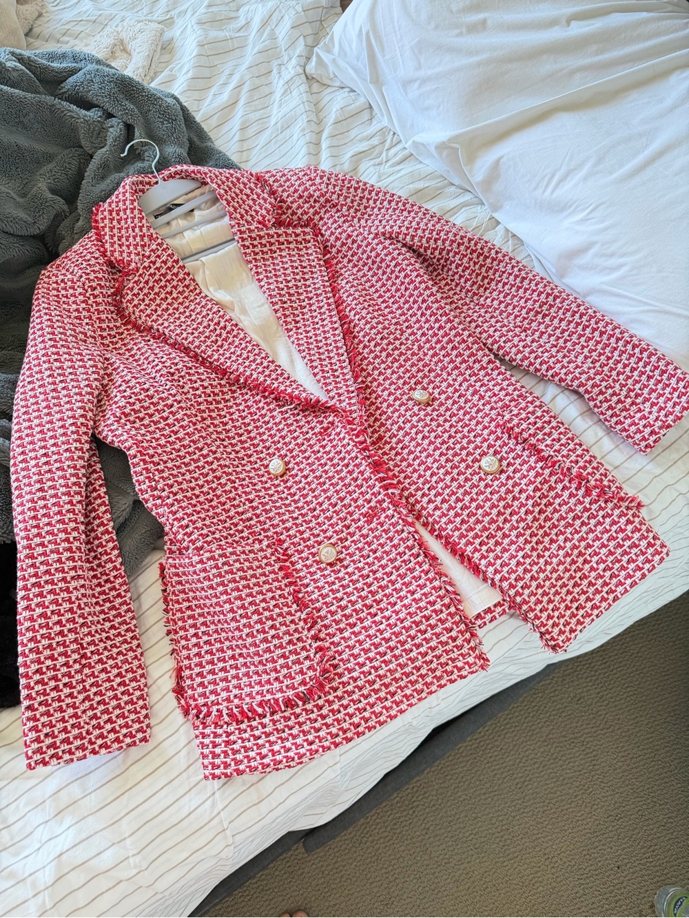 Zara Red and White Tweed Blazer M